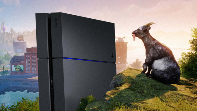 L'image montre une chèvre regardant une PS4 géante.